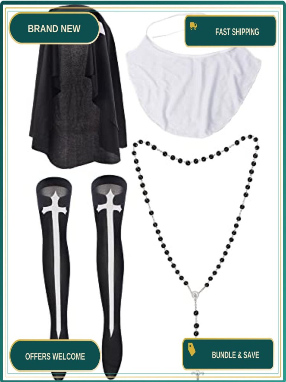 Nun Costume Accessory Set Hat Collar Cross Necklace Stockings